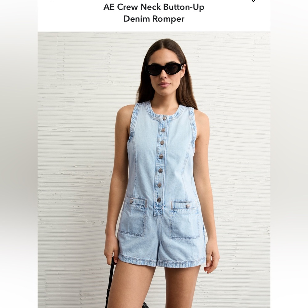 Crew Neck Button Up Denim Romper Size XS - Picture 1 of 5